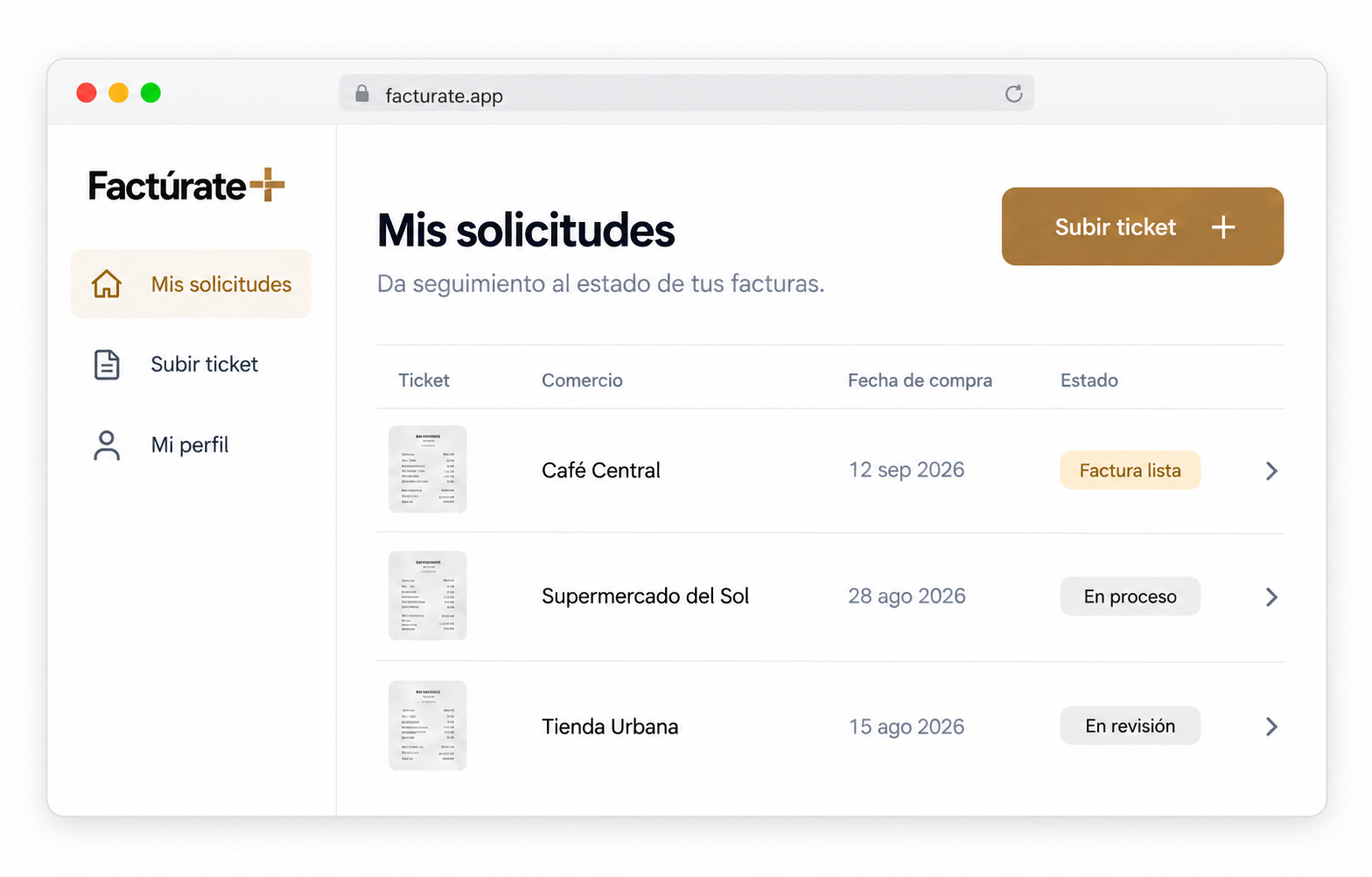 Vista ilustrativa de solicitudes de factura con estados de seguimiento